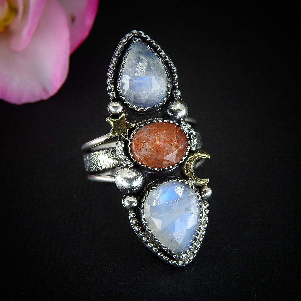Sunstone & Moonstone Ring - Size 9 to 9 1/4 - Sterling Silver - Crescent Moon, Sun and Star Jewellery - Confetti Triple Stone Celestial Ring