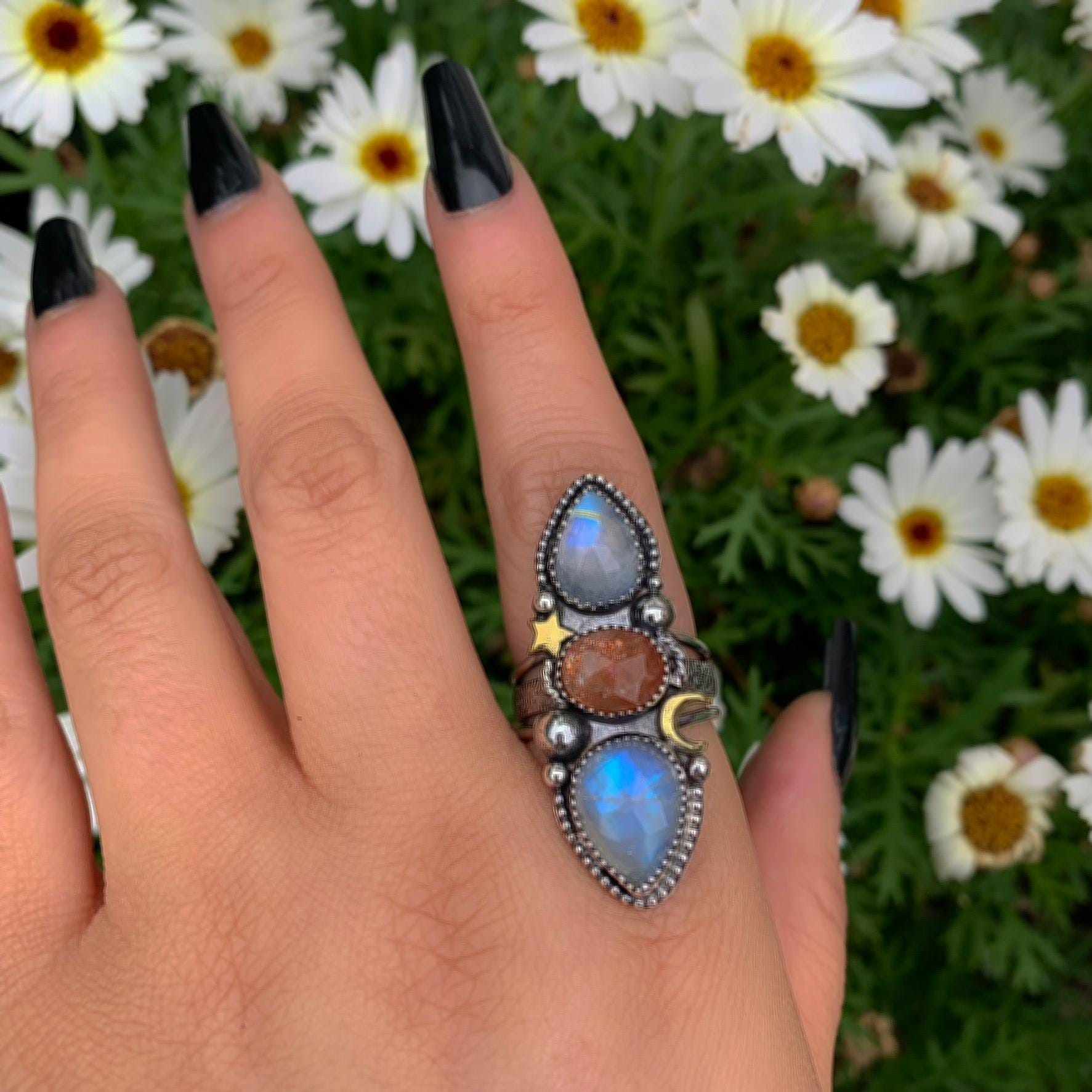 Sunstone & Moonstone Ring - Size 9 to 9 1/4 - Sterling Silver - Crescent Moon, Sun and Star Jewellery - Confetti Triple Stone Celestial Ring