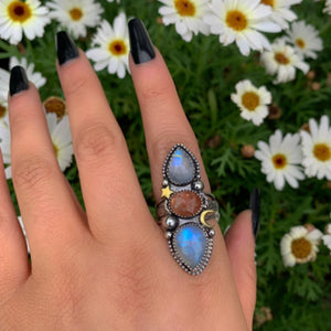 Sunstone & Moonstone Ring - Size 9 to 9 1/4 - Sterling Silver - Crescent Moon, Sun and Star Jewellery - Confetti Triple Stone Celestial Ring