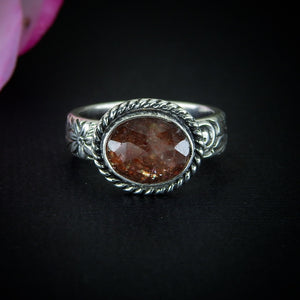 Sunstone Ring - Size 6 - Sterling Silver - Rose Cut Sunstone Jewelry - Sunstone Jewellery - Thick Floral Detailed Ring Band OOAK