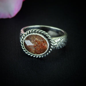 Sunstone Ring - Size 6 - Sterling Silver - Rose Cut Sunstone Jewelry - Sunstone Jewellery - Thick Floral Detailed Ring Band OOAK