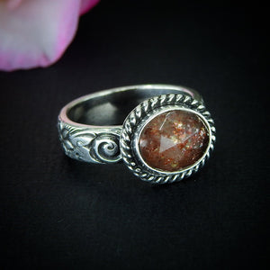 Sunstone Ring - Size 6 - Sterling Silver - Rose Cut Sunstone Jewelry - Sunstone Jewellery - Thick Floral Detailed Ring Band OOAK