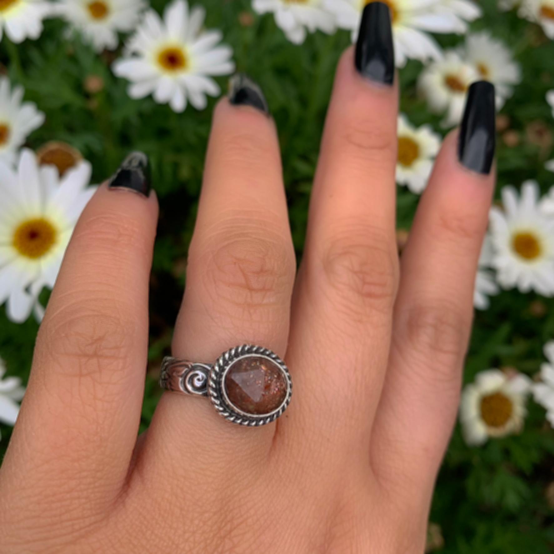 Sunstone Ring - Size 6 - Sterling Silver - Rose Cut Sunstone Jewelry - Sunstone Jewellery - Thick Floral Detailed Ring Band OOAK