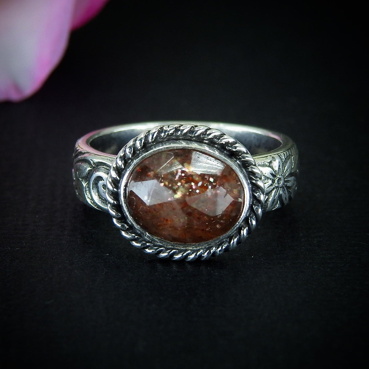Sunstone Ring - Size 6 - Sterling Silver - Rose Cut Sunstone Jewelry - Sunstone Jewellery - Thick Floral Detailed Ring Band OOAK
