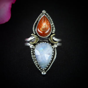 Sunstone & Moonstone Ring - Size 5 1/2 to 5 3/4 - Sterling Silver - Crescent Moon and Sun Jewelry - Confetti Sunstone, Multi Stone Celestial