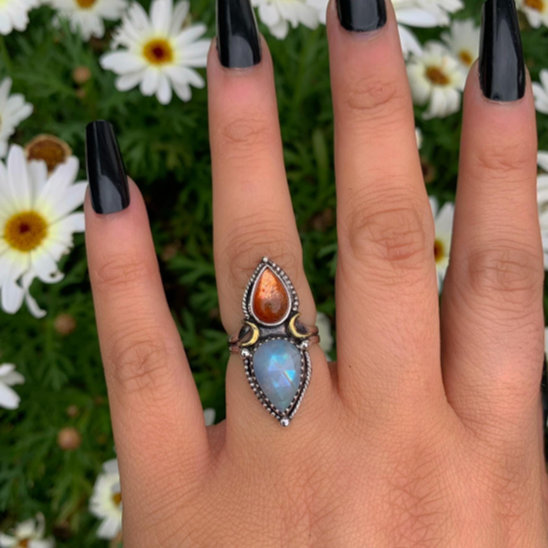Sunstone & Moonstone Ring - Size 5 1/2 to 5 3/4 - Sterling Silver - Crescent Moon and Sun Jewelry - Confetti Sunstone, Multi Stone Celestial