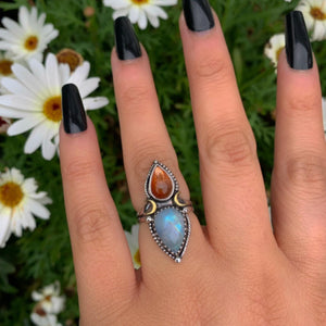 Sunstone & Moonstone Ring - Size 5 1/2 to 5 3/4 - Sterling Silver - Crescent Moon and Sun Jewelry - Confetti Sunstone, Multi Stone Celestial