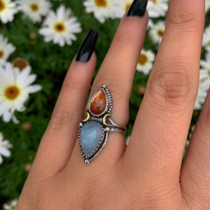 Sunstone & Moonstone Ring - Size 5 1/2 to 5 3/4 - Sterling Silver - Crescent Moon and Sun Jewelry - Confetti Sunstone, Multi Stone Celestial