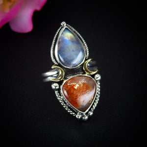 Sunstone & Moonstone Ring - Size 8 1/4 to 8 1/2 - Sterling Silver - Crescent Moon and Sun Celestial Jewelry - Confetti Sunstone Multi Stone