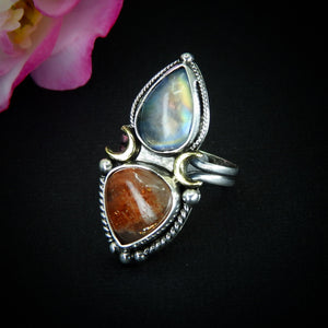 Sunstone & Moonstone Ring - Size 8 1/4 to 8 1/2 - Sterling Silver - Crescent Moon and Sun Celestial Jewelry - Confetti Sunstone Multi Stone
