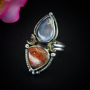 Sunstone & Moonstone Ring - Size 8 1/4 to 8 1/2 - Sterling Silver - Crescent Moon and Sun Celestial Jewelry - Confetti Sunstone Multi Stone