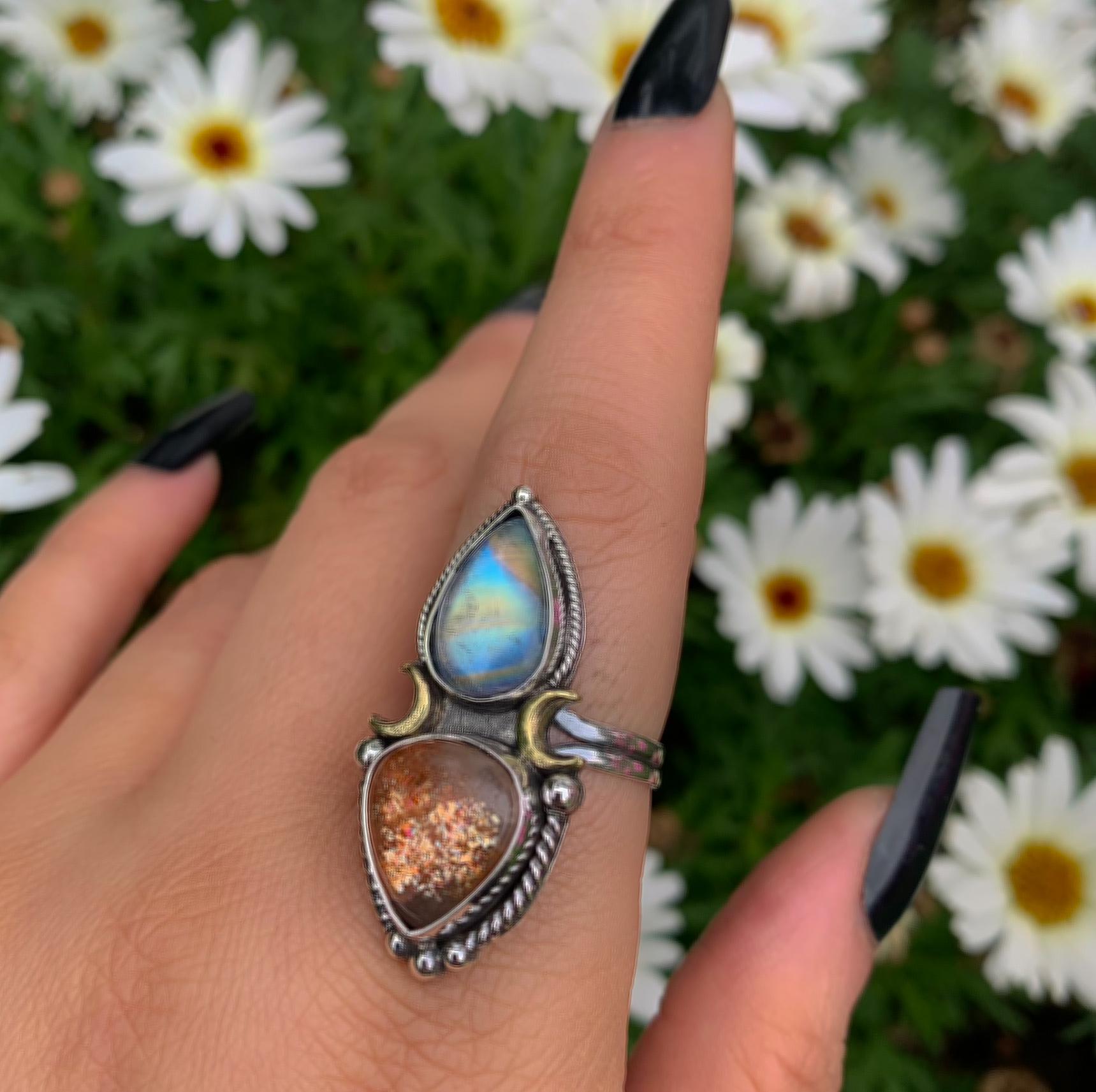 Sunstone & Moonstone Ring - Size 8 1/4 to 8 1/2 - Sterling Silver - Crescent Moon and Sun Celestial Jewelry - Confetti Sunstone Multi Stone