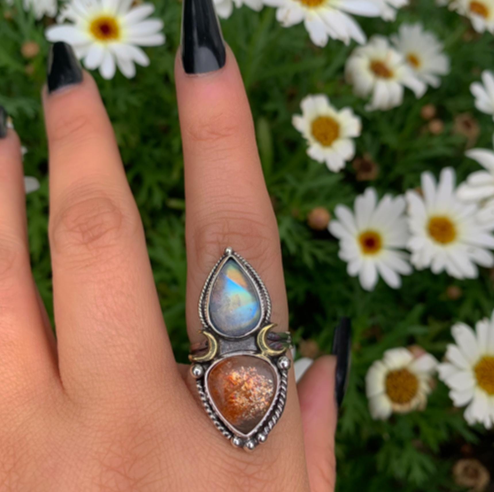 Sunstone & Moonstone Ring - Size 8 1/4 to 8 1/2 - Sterling Silver - Crescent Moon and Sun Celestial Jewelry - Confetti Sunstone Multi Stone