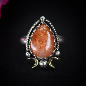 Sunstone Ring - Size 9 1/4 - Sterling Silver - Sunstone Statement Jewelry - Confetti Sunstone Jewelry - Crescent Moon & Star Celestial Ring