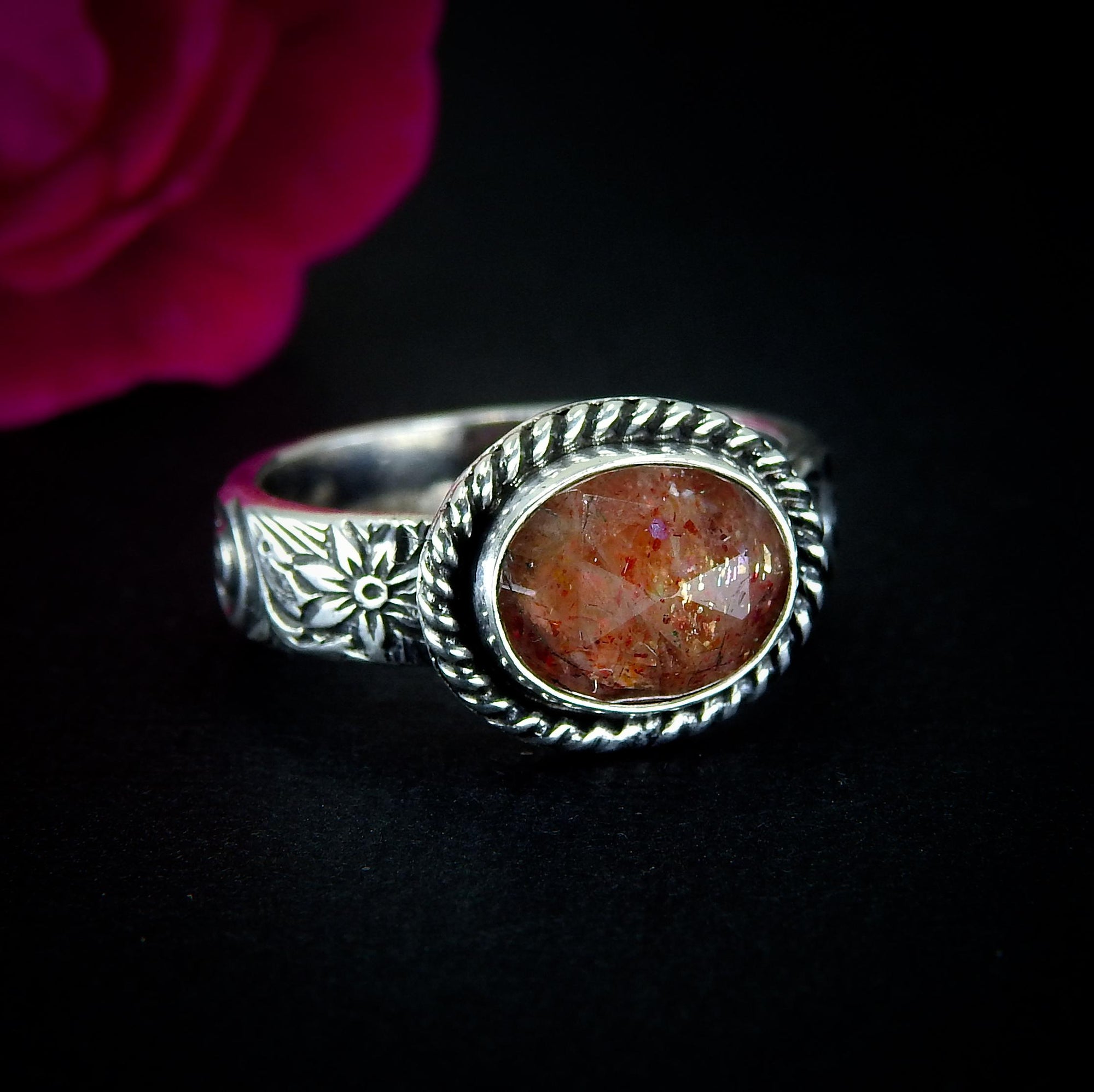 Sunstone Ring - Size 7 to 7 1/4 - Sterling Silver - Rose Cut Sunstone Jewelry - Sunstone Jewellery - Thick Floral Detailed Ring Band OOAK