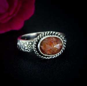 Sunstone Ring - Size 7 to 7 1/4 - Sterling Silver - Rose Cut Sunstone Jewelry - Sunstone Jewellery - Thick Floral Detailed Ring Band OOAK