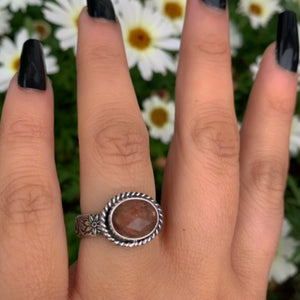 Sunstone Ring - Size 7 to 7 1/4 - Sterling Silver - Rose Cut Sunstone Jewelry - Sunstone Jewellery - Thick Floral Detailed Ring Band OOAK