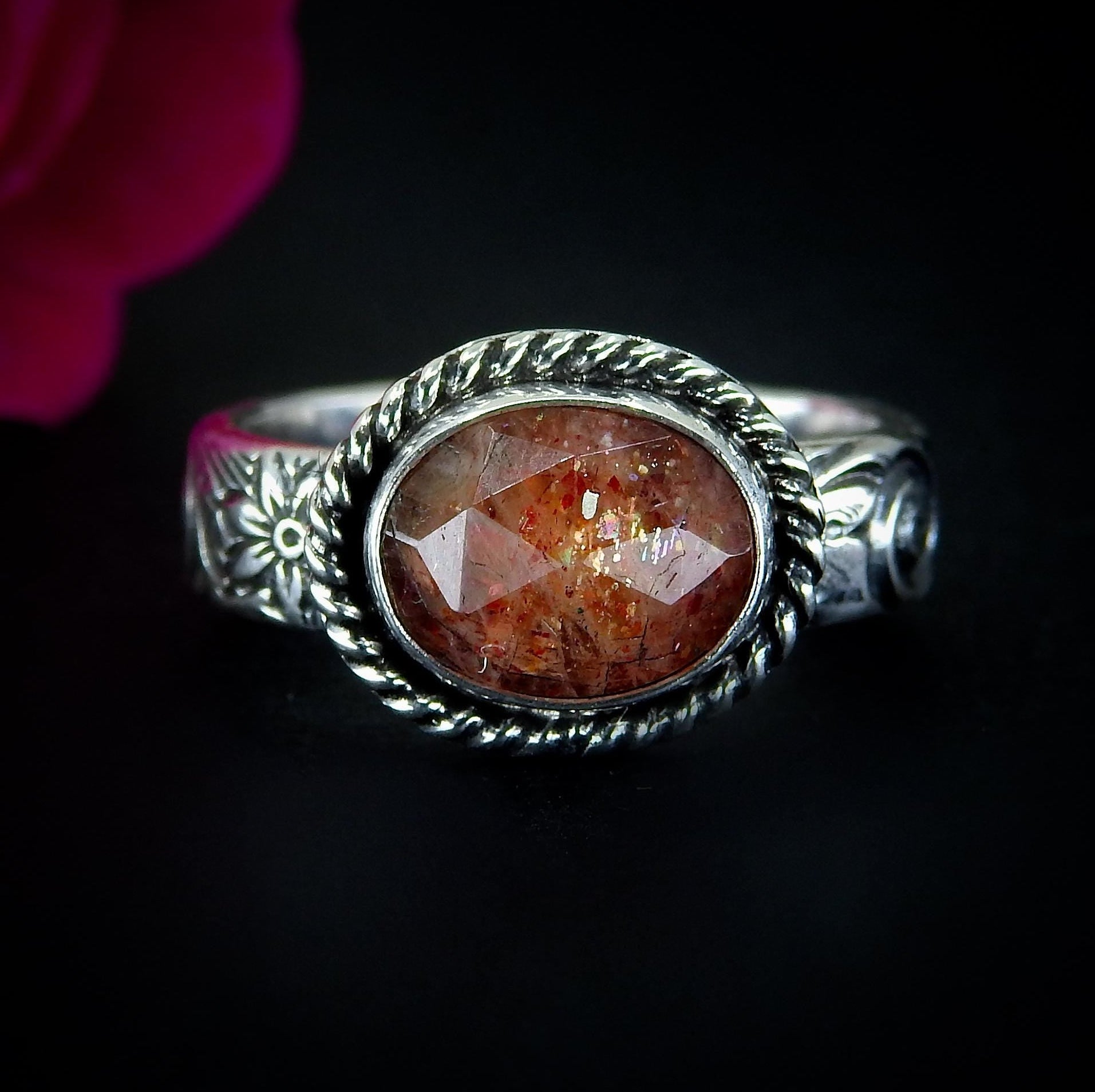 Sunstone Ring - Size 7 to 7 1/4 - Sterling Silver - Rose Cut Sunstone Jewelry - Sunstone Jewellery - Thick Floral Detailed Ring Band OOAK
