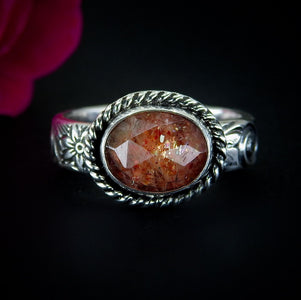 Sunstone Ring - Size 7 to 7 1/4 - Sterling Silver - Rose Cut Sunstone Jewelry - Sunstone Jewellery - Thick Floral Detailed Ring Band OOAK