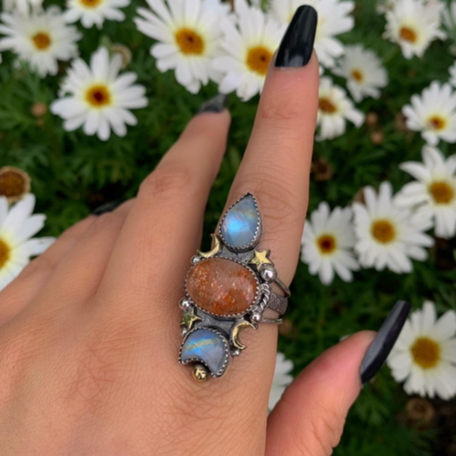 Sunstone & Moonstone Ring - Size 7 1/4 - Sterling Silver - Crescent Moon, Sun and Star Jewellery - Confetti Triple Stone Celestial Ring