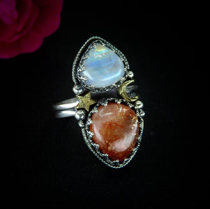 Sunstone & Moonstone Ring - Size 11 1/4 to 11 1/2 - Sterling Silver - Crescent Moon and Sun Celestial Jewelry, Confetti Sunstone Multi Stone