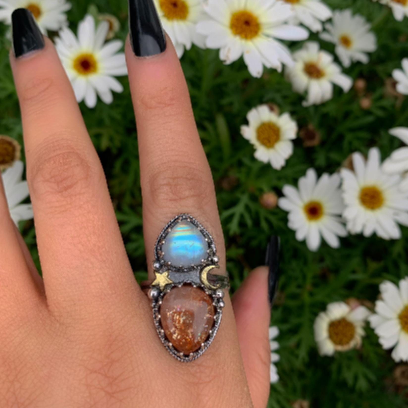 Sunstone & Moonstone Ring - Size 11 1/4 to 11 1/2 - Sterling Silver - Crescent Moon and Sun Celestial Jewelry, Confetti Sunstone Multi Stone