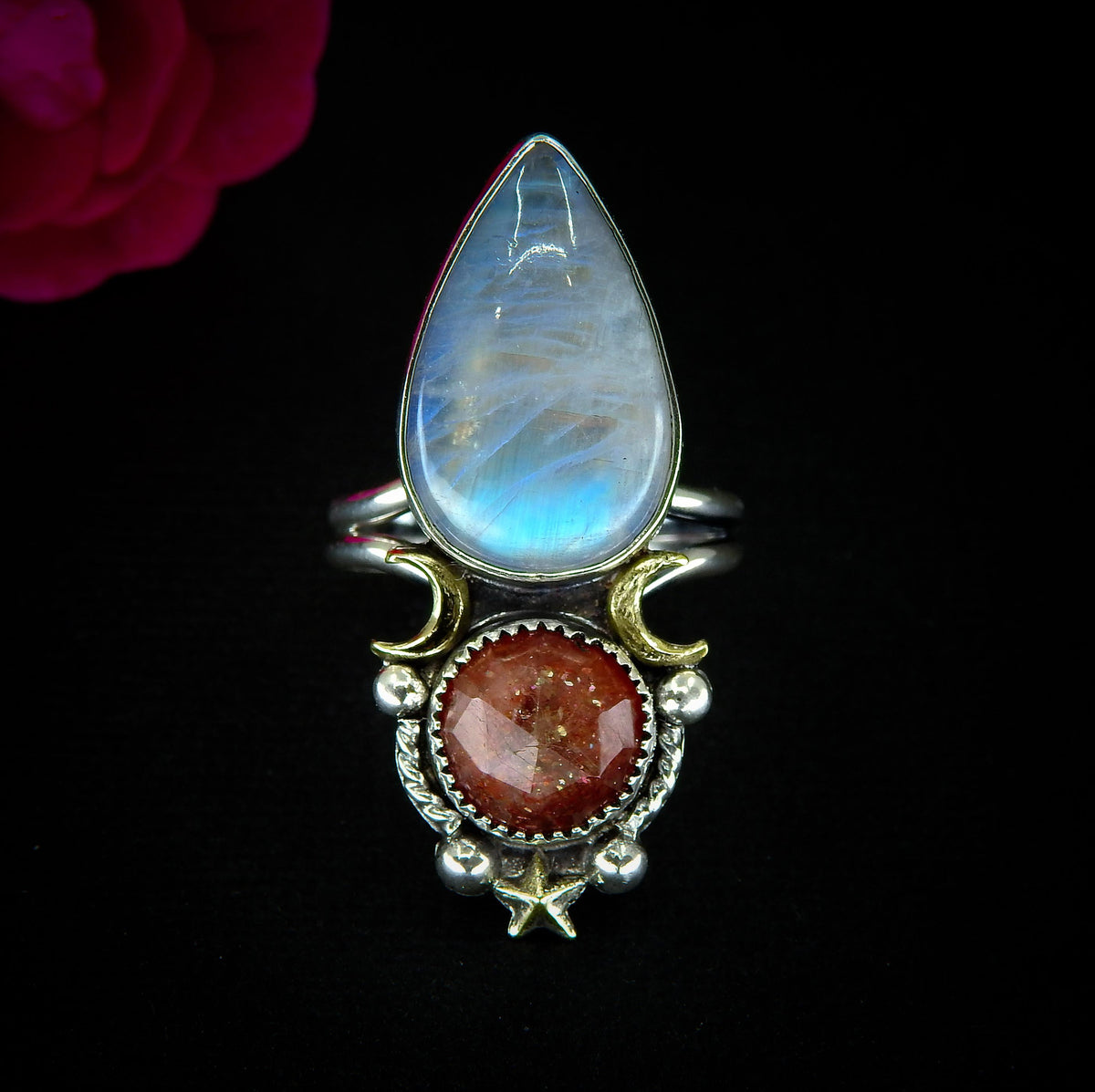 Sunstone & Moonstone Ring - Size 10 1/4 - Sterling Silver - Crescent Moon, Sun and Star Jewelry - Confetti Sunstone - Multi Stone Celestial