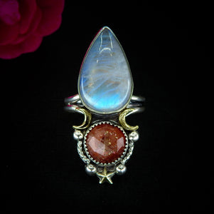 Sunstone & Moonstone Ring - Size 10 1/4 - Sterling Silver - Crescent Moon, Sun and Star Jewelry - Confetti Sunstone - Multi Stone Celestial