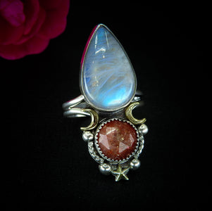 Sunstone & Moonstone Ring - Size 10 1/4 - Sterling Silver - Crescent Moon, Sun and Star Jewelry - Confetti Sunstone - Multi Stone Celestial