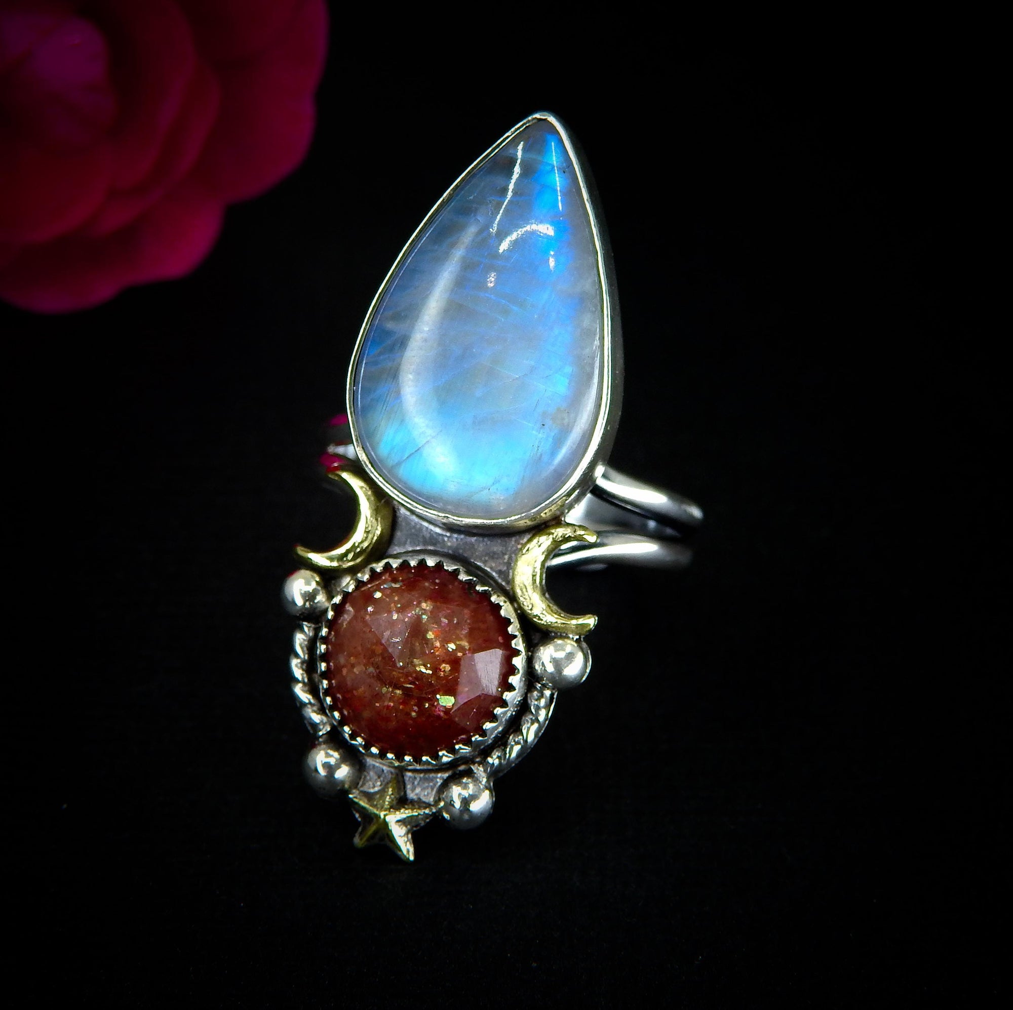 Sunstone & Moonstone Ring - Size 10 1/4 - Sterling Silver - Crescent Moon, Sun and Star Jewelry - Confetti Sunstone - Multi Stone Celestial