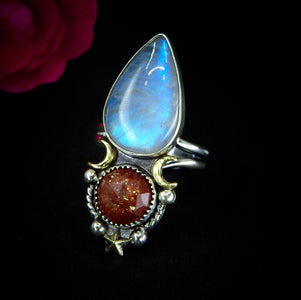 Sunstone & Moonstone Ring - Size 10 1/4 - Sterling Silver - Crescent Moon, Sun and Star Jewelry - Confetti Sunstone - Multi Stone Celestial