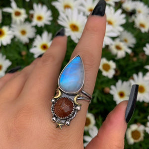 Sunstone & Moonstone Ring - Size 10 1/4 - Sterling Silver - Crescent Moon, Sun and Star Jewelry - Confetti Sunstone - Multi Stone Celestial