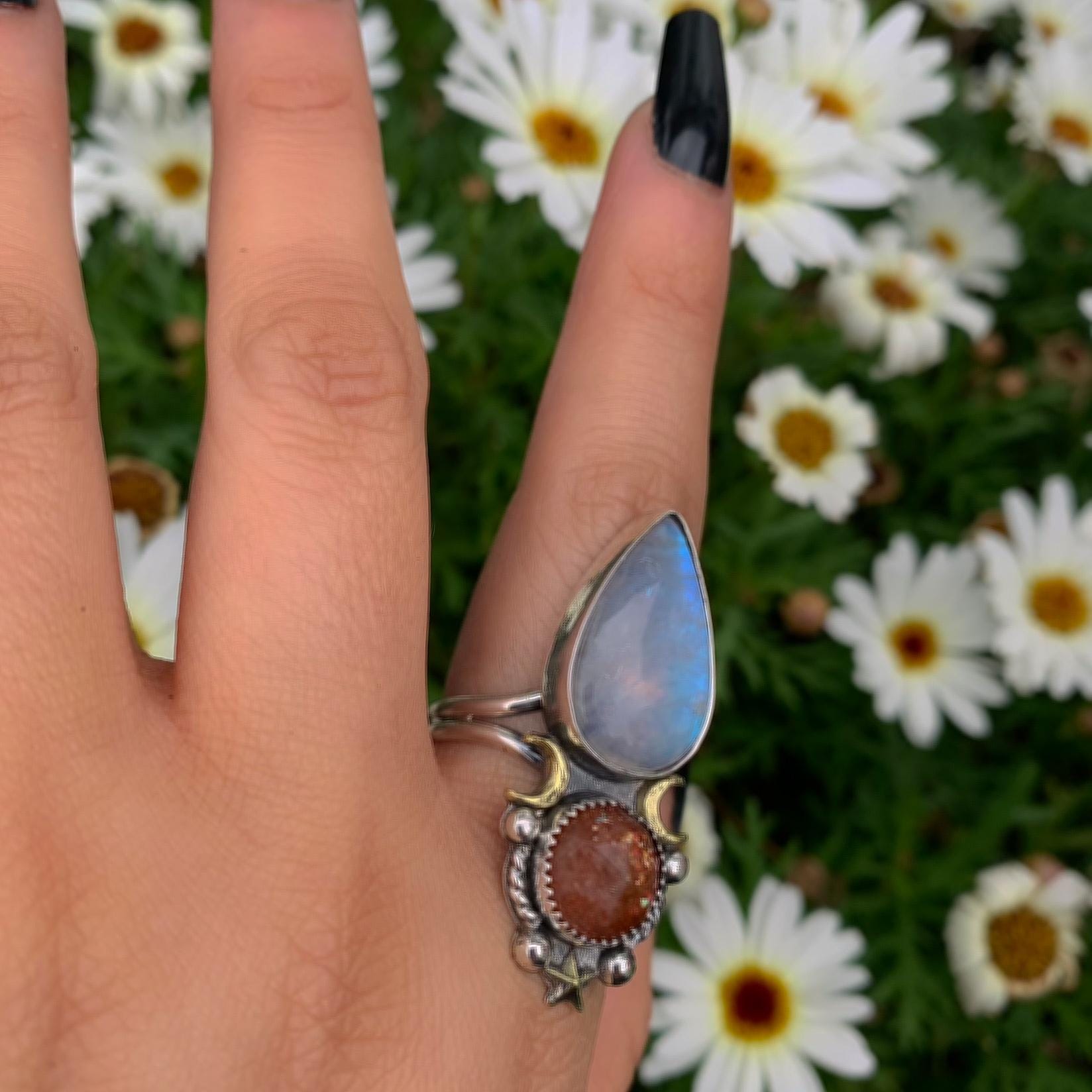 Sunstone & Moonstone Ring - Size 10 1/4 - Sterling Silver - Crescent Moon, Sun and Star Jewelry - Confetti Sunstone - Multi Stone Celestial