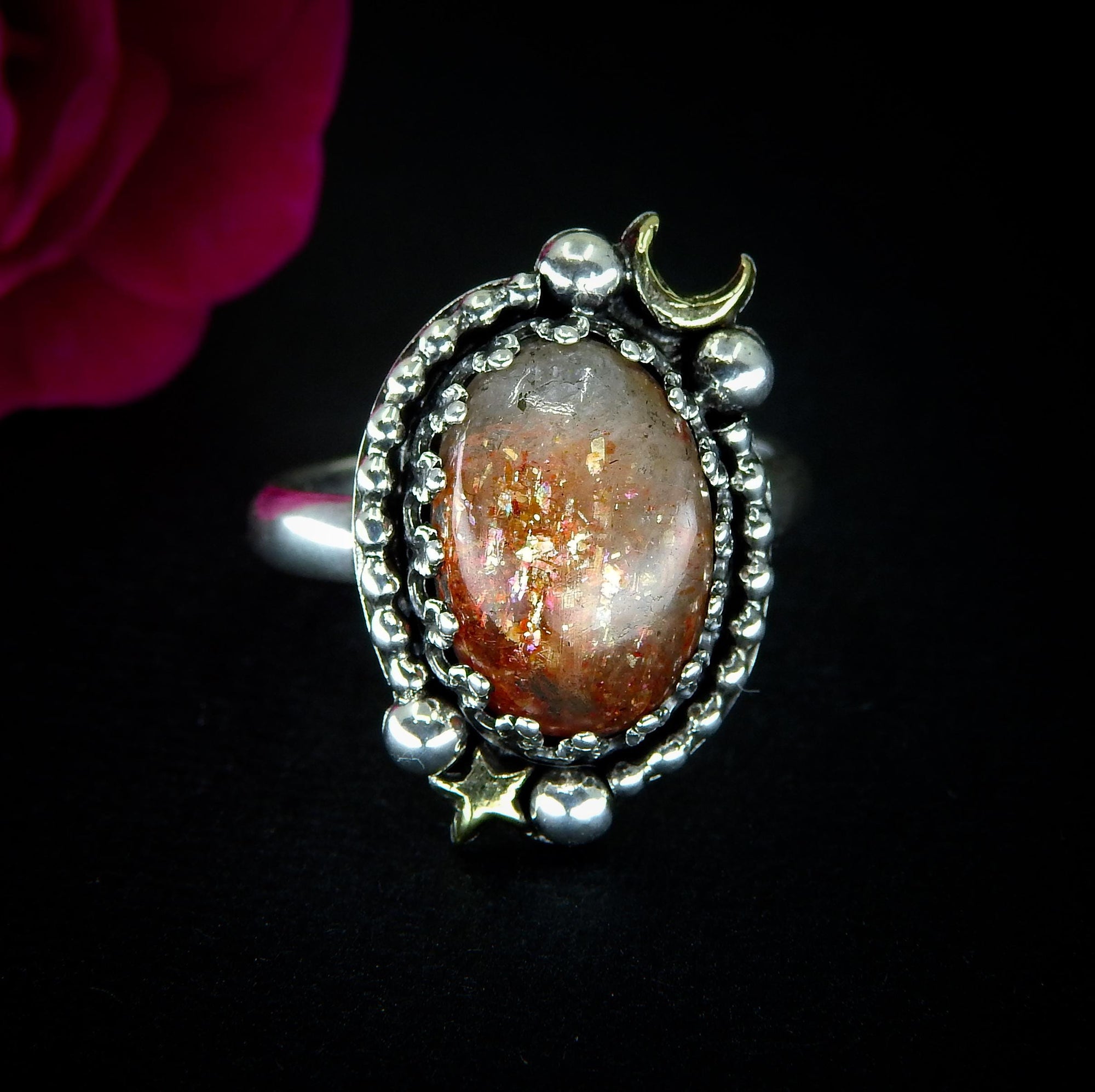 Sunstone Ring - Size 8 - Sterling Silver - Confetti Sunstone Jewelry - Crescent Moon & Star Celestial Ring - Sun and Moon Magic
