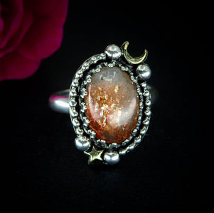 Sunstone Ring - Size 8 - Sterling Silver - Confetti Sunstone Jewelry - Crescent Moon & Star Celestial Ring - Sun and Moon Magic