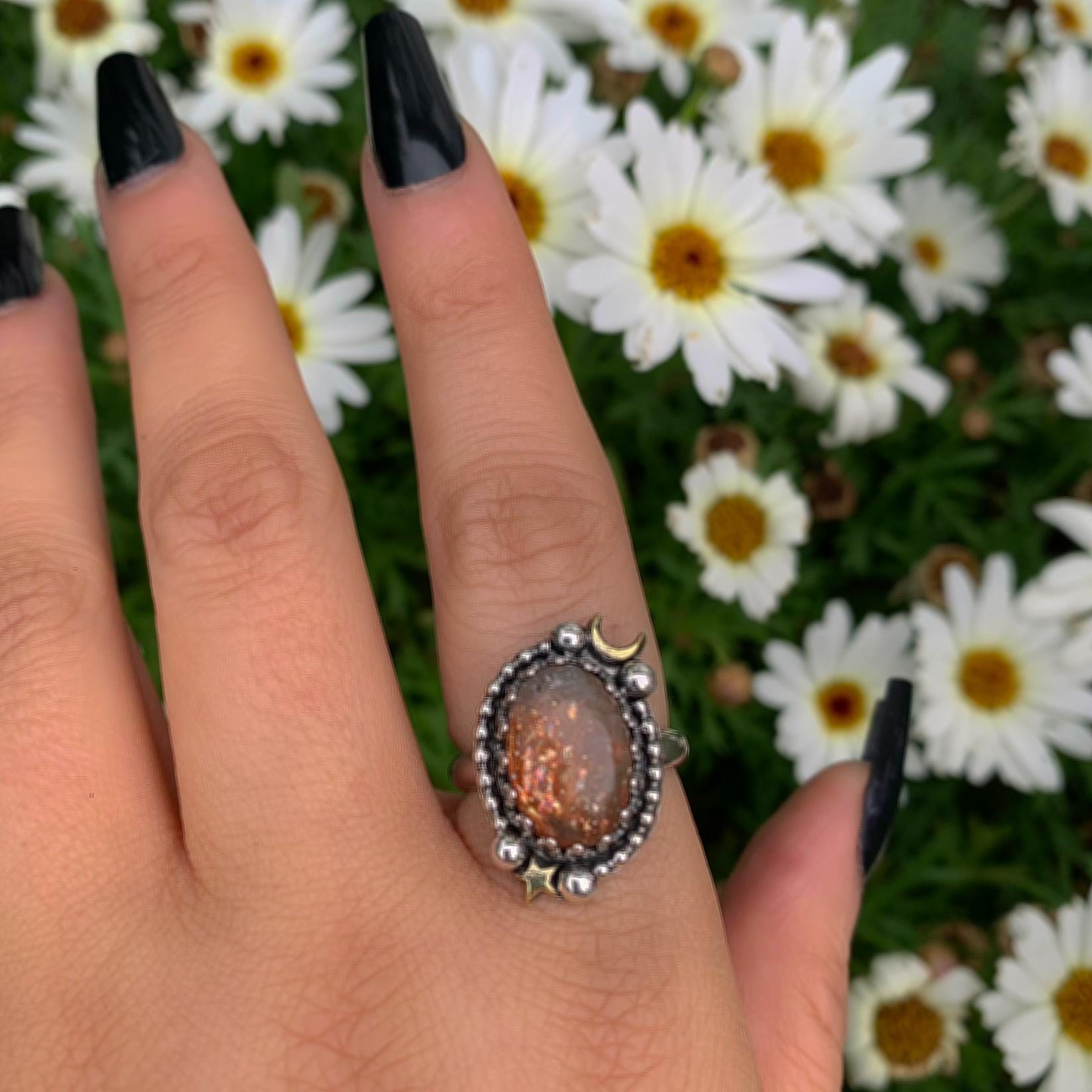 Sunstone Ring - Size 8 - Sterling Silver - Confetti Sunstone Jewelry - Crescent Moon & Star Celestial Ring - Sun and Moon Magic