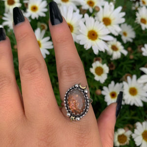 Sunstone Ring - Size 8 - Sterling Silver - Confetti Sunstone Jewelry - Crescent Moon & Star Celestial Ring - Sun and Moon Magic