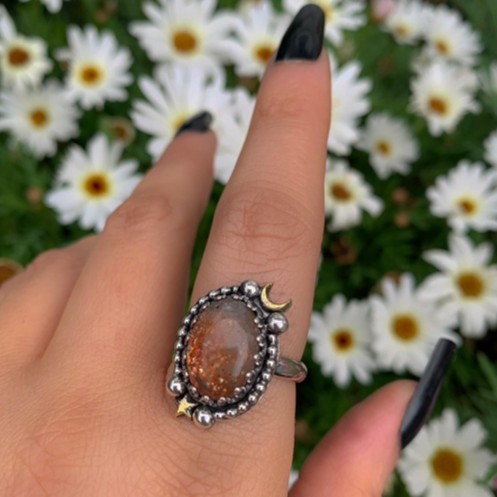 Sunstone Ring - Size 8 - Sterling Silver - Confetti Sunstone Jewelry - Crescent Moon & Star Celestial Ring - Sun and Moon Magic