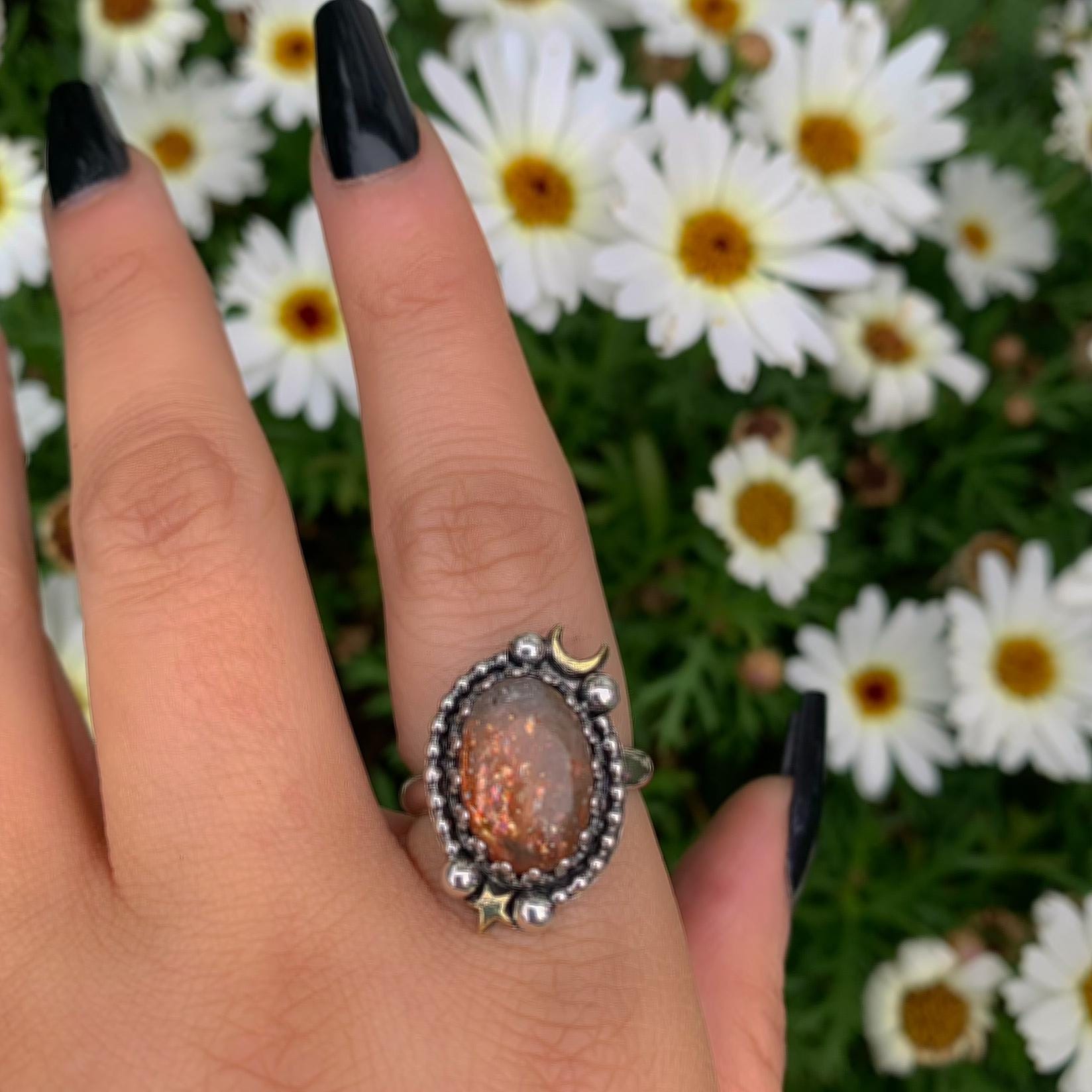 Sunstone Ring - Size 8 - Sterling Silver - Confetti Sunstone Jewelry - Crescent Moon & Star Celestial Ring - Sun and Moon Magic