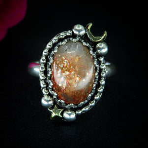 Sunstone Ring - Size 8 - Sterling Silver - Confetti Sunstone Jewelry - Crescent Moon & Star Celestial Ring - Sun and Moon Magic