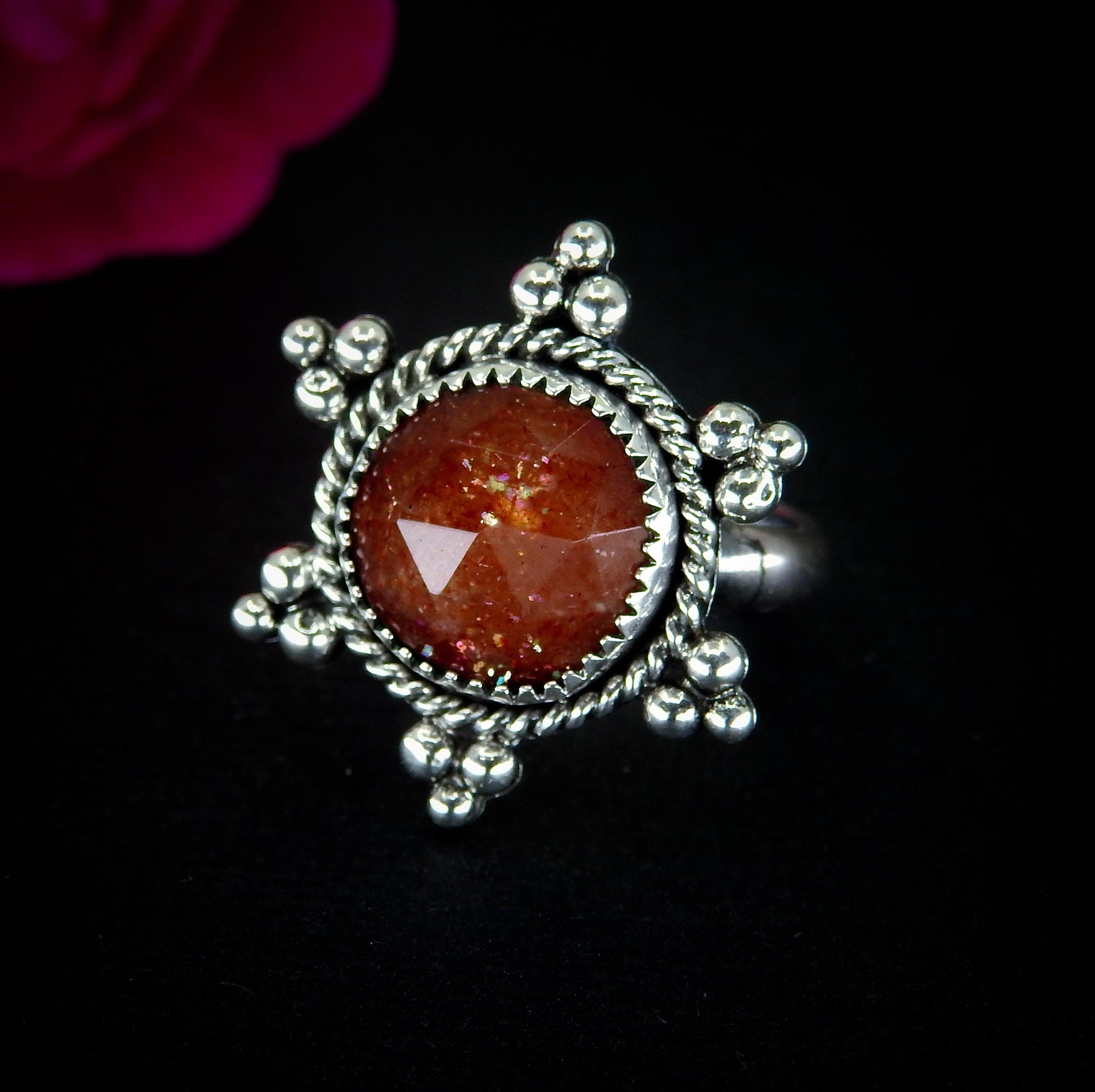 Sunstone Ring - Size 6 1/2 - Sterling Silver - Sunstone Sun Jewelry - Confetti Rose Cut Sunstone - Faceted Round Orange Gemstone Sun OOAK