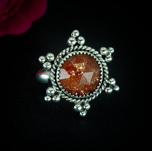 Sunstone Ring - Size 6 1/2 - Sterling Silver - Sunstone Sun Jewelry - Confetti Rose Cut Sunstone - Faceted Round Orange Gemstone Sun OOAK
