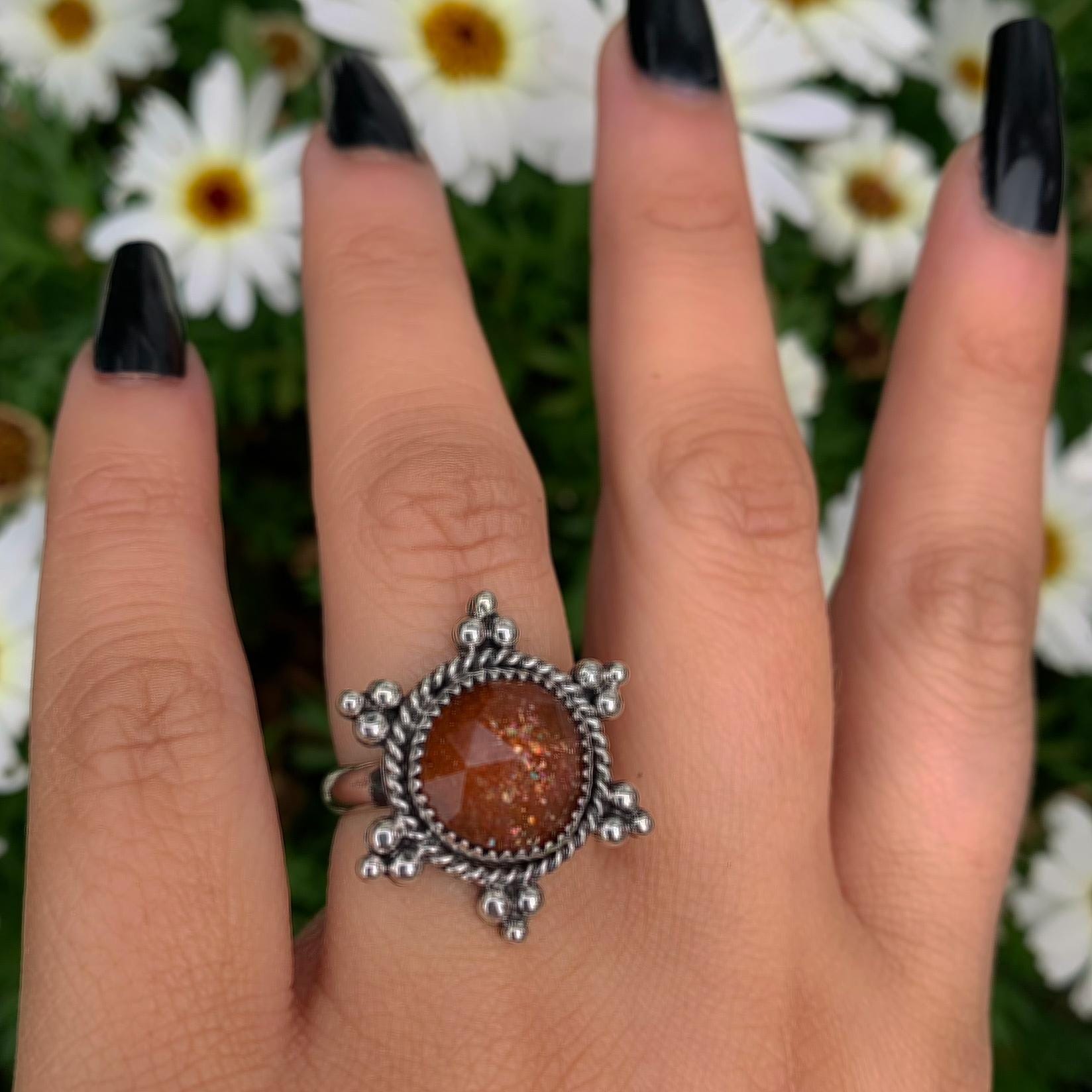 Sunstone Ring - Size 6 1/2 - Sterling Silver - Sunstone Sun Jewelry - Confetti Rose Cut Sunstone - Faceted Round Orange Gemstone Sun OOAK
