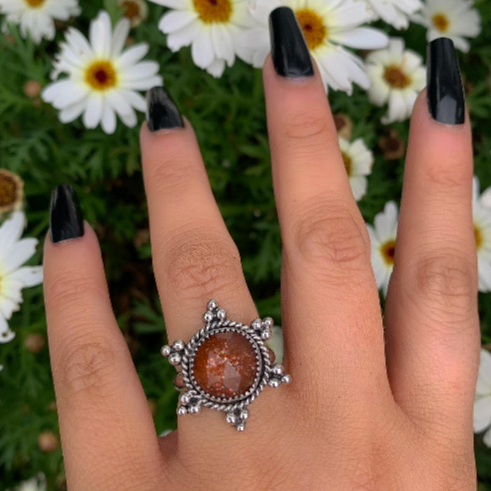 Sunstone Ring - Size 6 1/2 - Sterling Silver - Sunstone Sun Jewelry - Confetti Rose Cut Sunstone - Faceted Round Orange Gemstone Sun OOAK