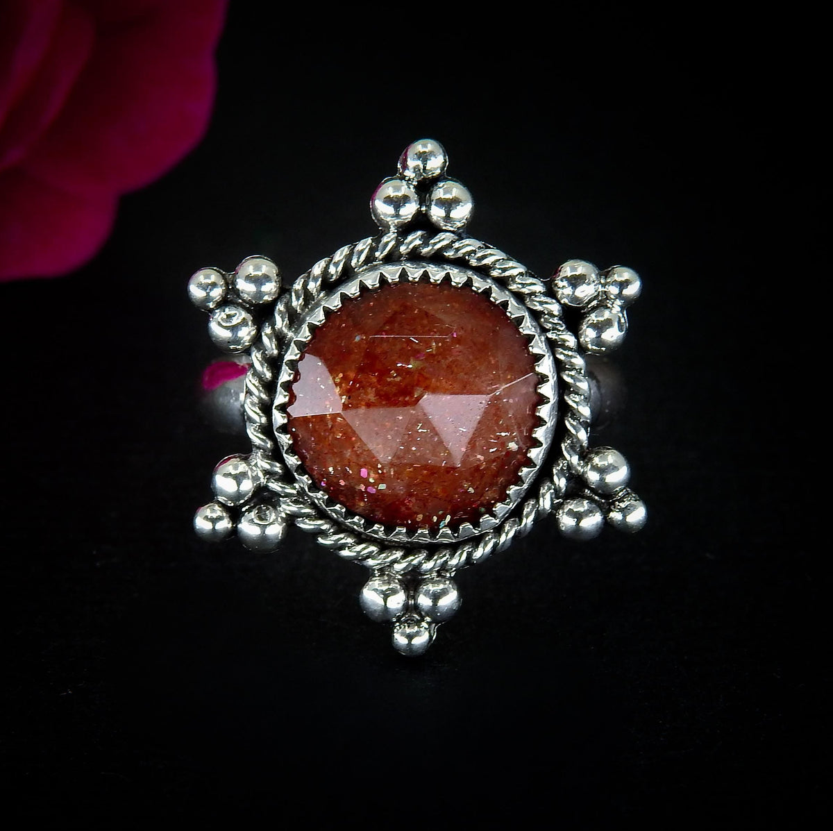 Sunstone Ring - Size 6 1/2 - Sterling Silver - Sunstone Sun Jewelry - Confetti Rose Cut Sunstone - Faceted Round Orange Gemstone Sun OOAK