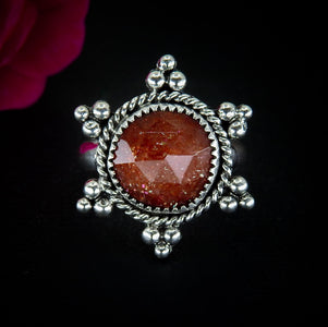 Sunstone Ring - Size 6 1/2 - Sterling Silver - Sunstone Sun Jewelry - Confetti Rose Cut Sunstone - Faceted Round Orange Gemstone Sun OOAK
