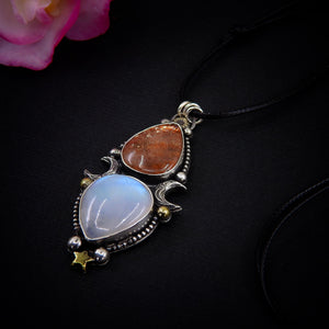 Sunstone & Moonstone Pendant - Sterling Silver - Crescent Moon, Sun and Star Jewelry - Confetti Sunstone - Multi Stone Celestial Necklace