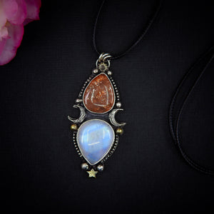 Sunstone & Moonstone Pendant - Sterling Silver - Crescent Moon, Sun and Star Jewelry - Confetti Sunstone - Multi Stone Celestial Necklace