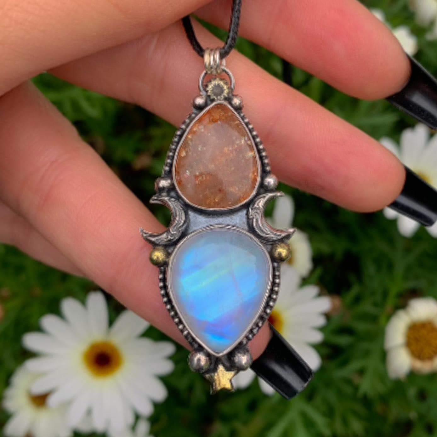 Sunstone & Moonstone Pendant - Sterling Silver - Crescent Moon, Sun and Star Jewelry - Confetti Sunstone - Multi Stone Celestial Necklace