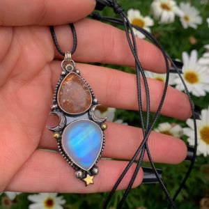 Sunstone & Moonstone Pendant - Sterling Silver - Crescent Moon, Sun and Star Jewelry - Confetti Sunstone - Multi Stone Celestial Necklace